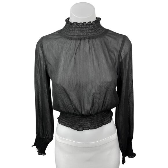 Style State Black Semi Sheer Turtleneck Smocked Long Sleeve Blouse Top Size 6 - Picture 1 of 5